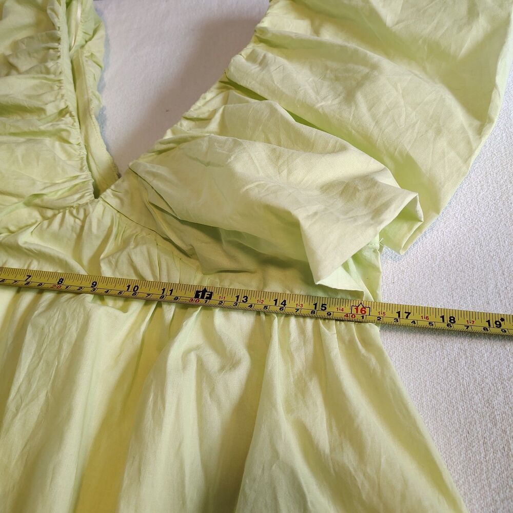 Chartreuse Babydoll Mini Dress V-Neck Flutter Puff Sleeve Women’s Large - Picture 7 of 11